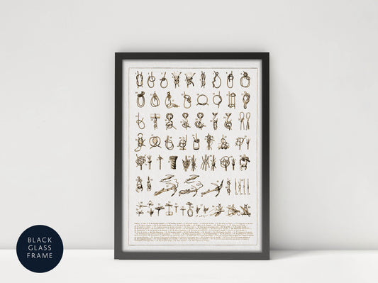 The image is a framed print featuring a collection of various illustrations and symbols, including animals, geometric shapes, and other abstract designs.