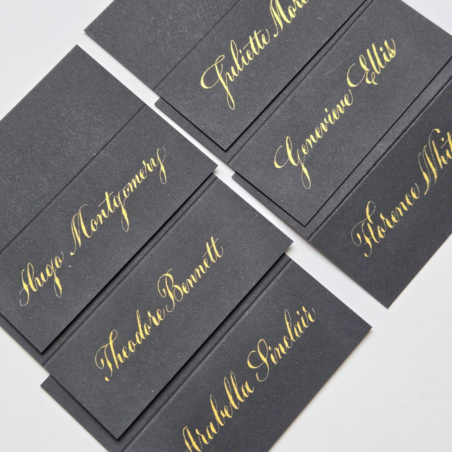 Luxury Black Wedding Place Cards with Gold Calligraphy | Folded Tent Escort Place Setting | Elegant Black Tie Wedding Table Name Placements