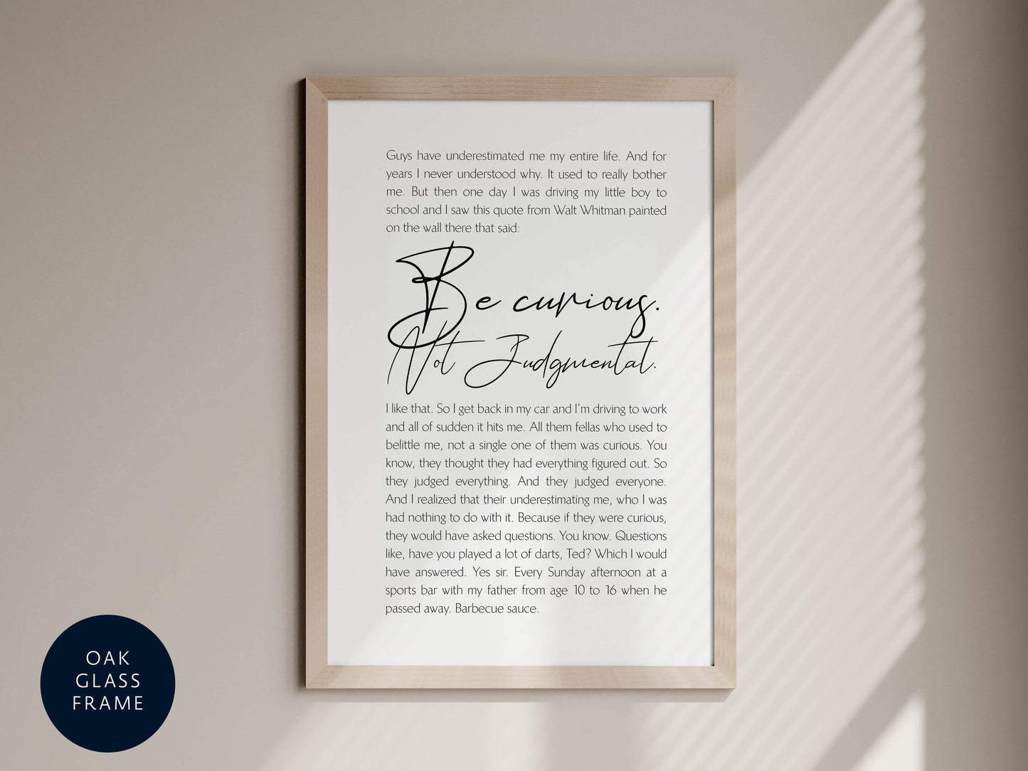 Be Curious. Not Judgemental. Quote from Ted Lasso - Framed Print - Ted Lasso Poster - Walt Whitman