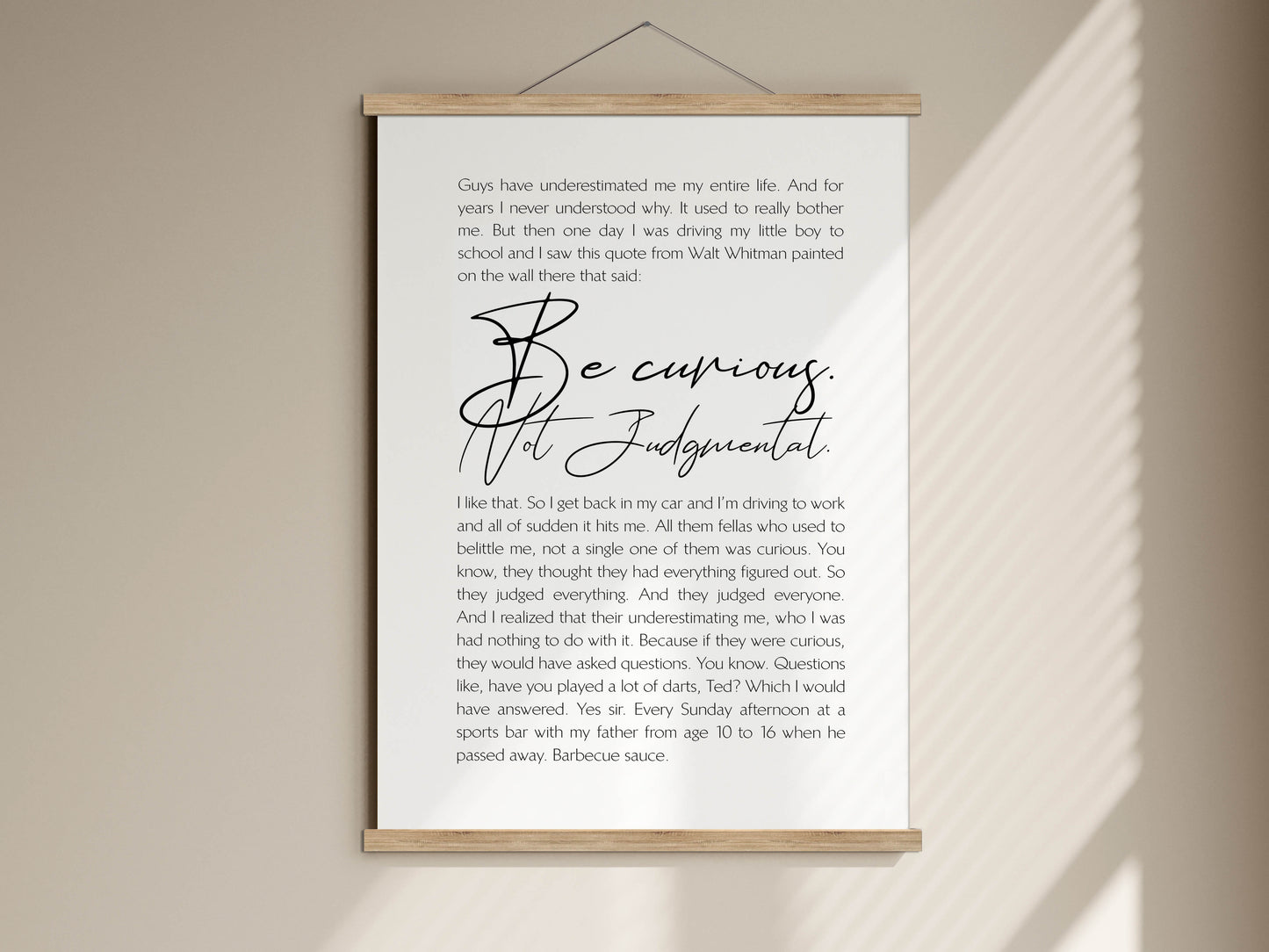 Be Curious. Not Judgemental. Quote from Ted Lasso - Framed Print - Ted Lasso Poster - Walt Whitman