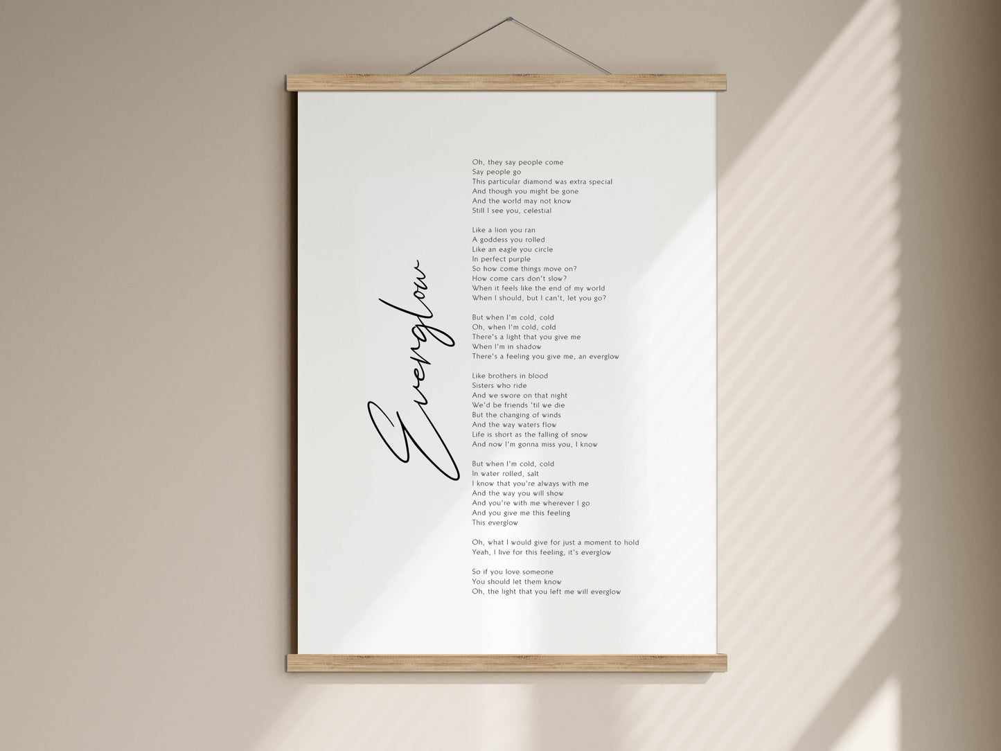 Everglow song lyrics print by Coldplay - Framed Everglow print poster - Coldplay song lyrics poster print Framed