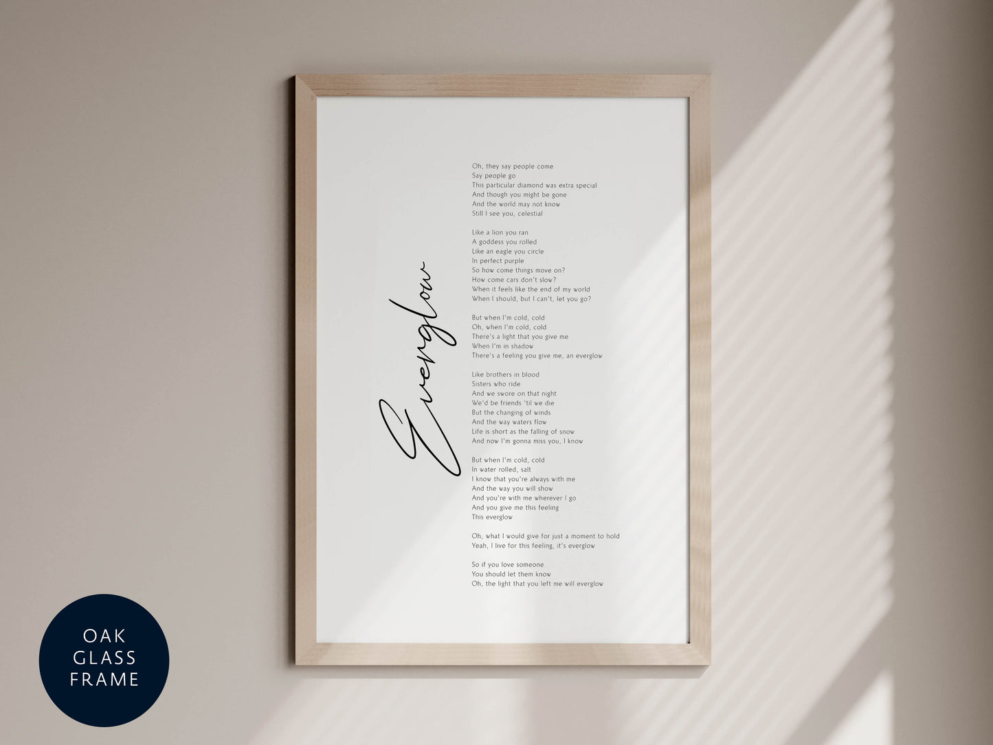 Everglow song lyrics print by Coldplay - Framed Everglow print poster - Coldplay song lyrics poster print Framed