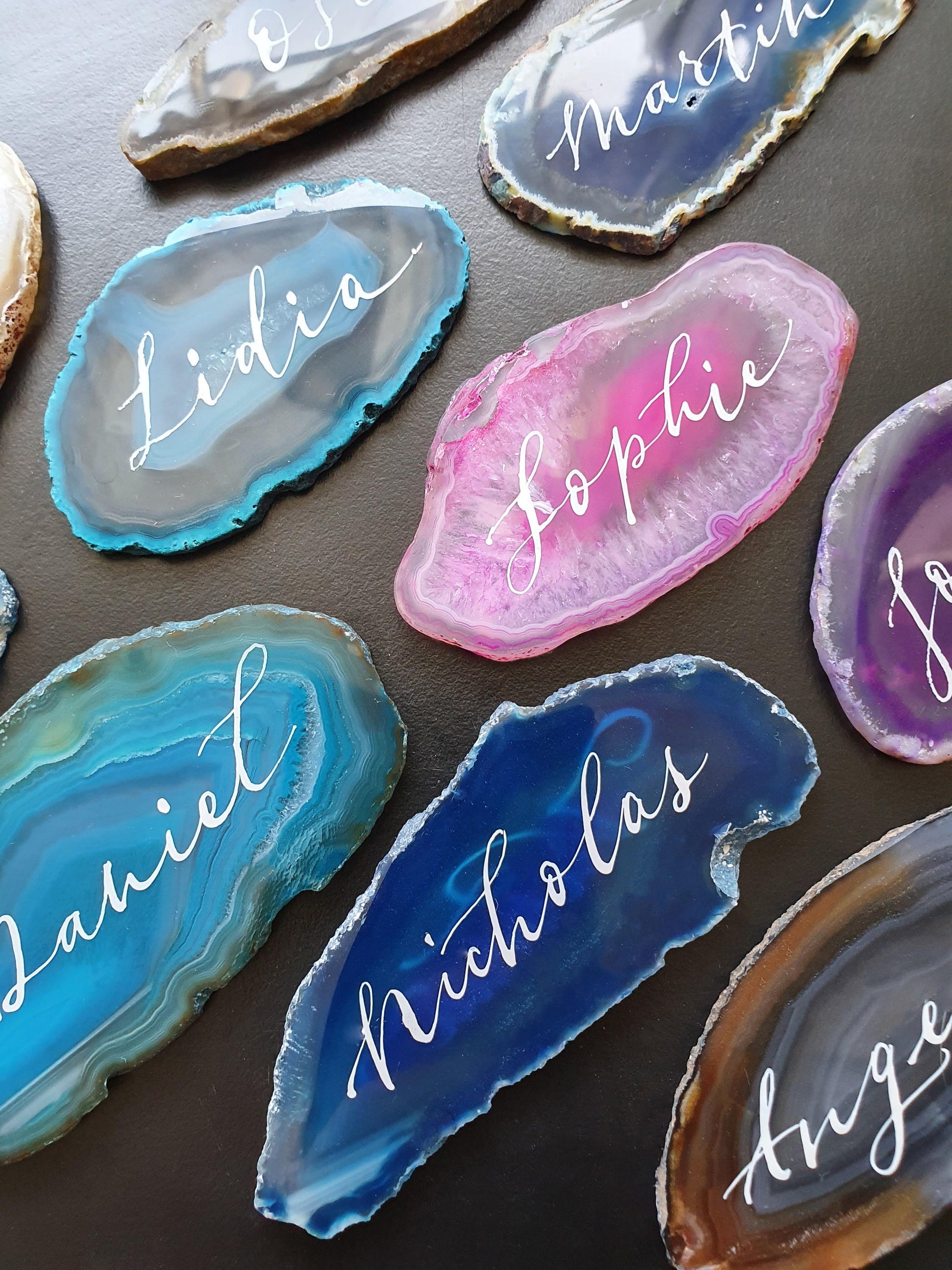 Blue Agate Slice | Hand-Lettered Calligraphy | Personalised Wedding Favors, Keepsakes, London Studio