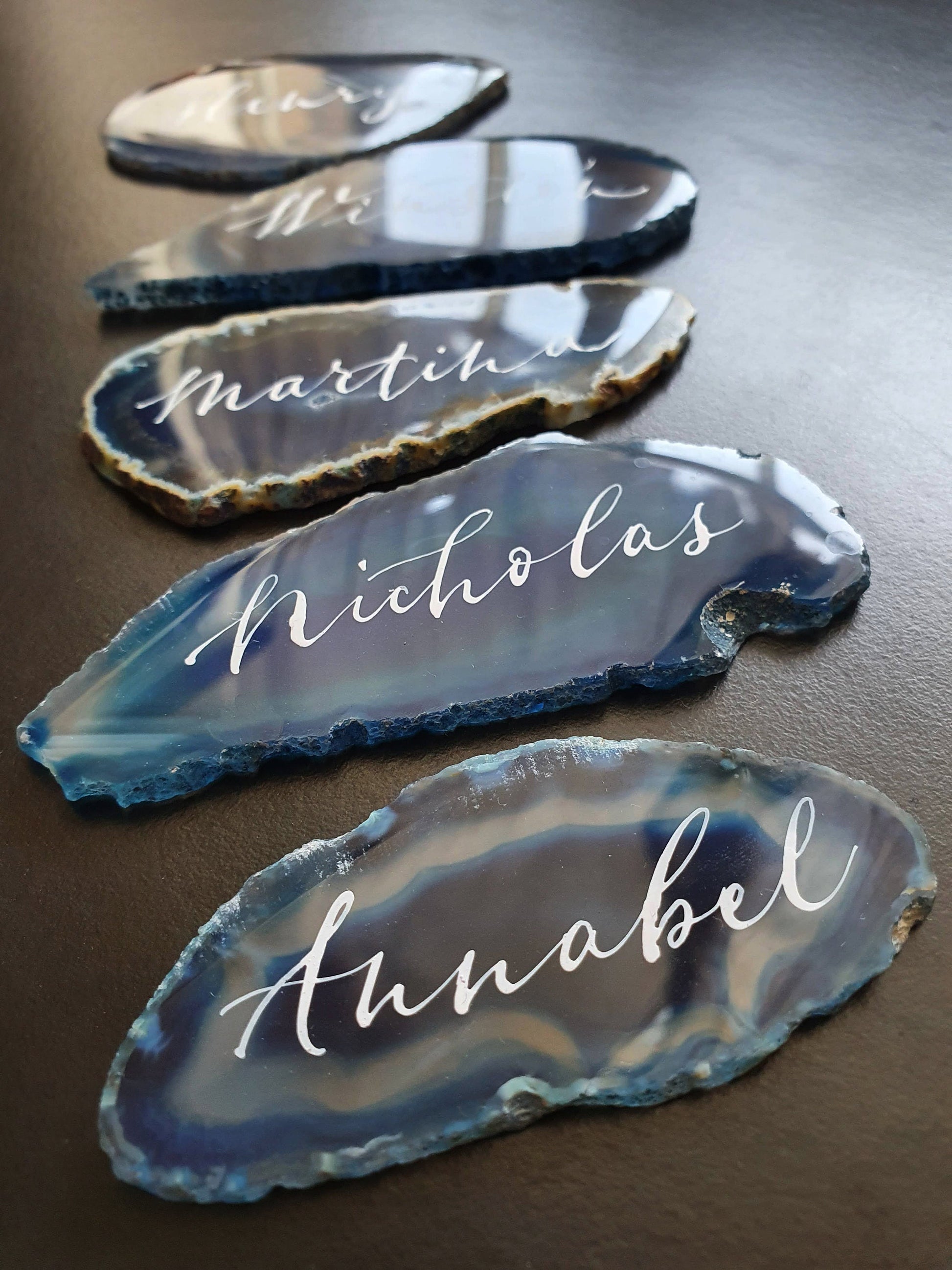 Blue Agate Slice | Hand-Lettered Calligraphy | Personalised Wedding Favors, Keepsakes, London Studio