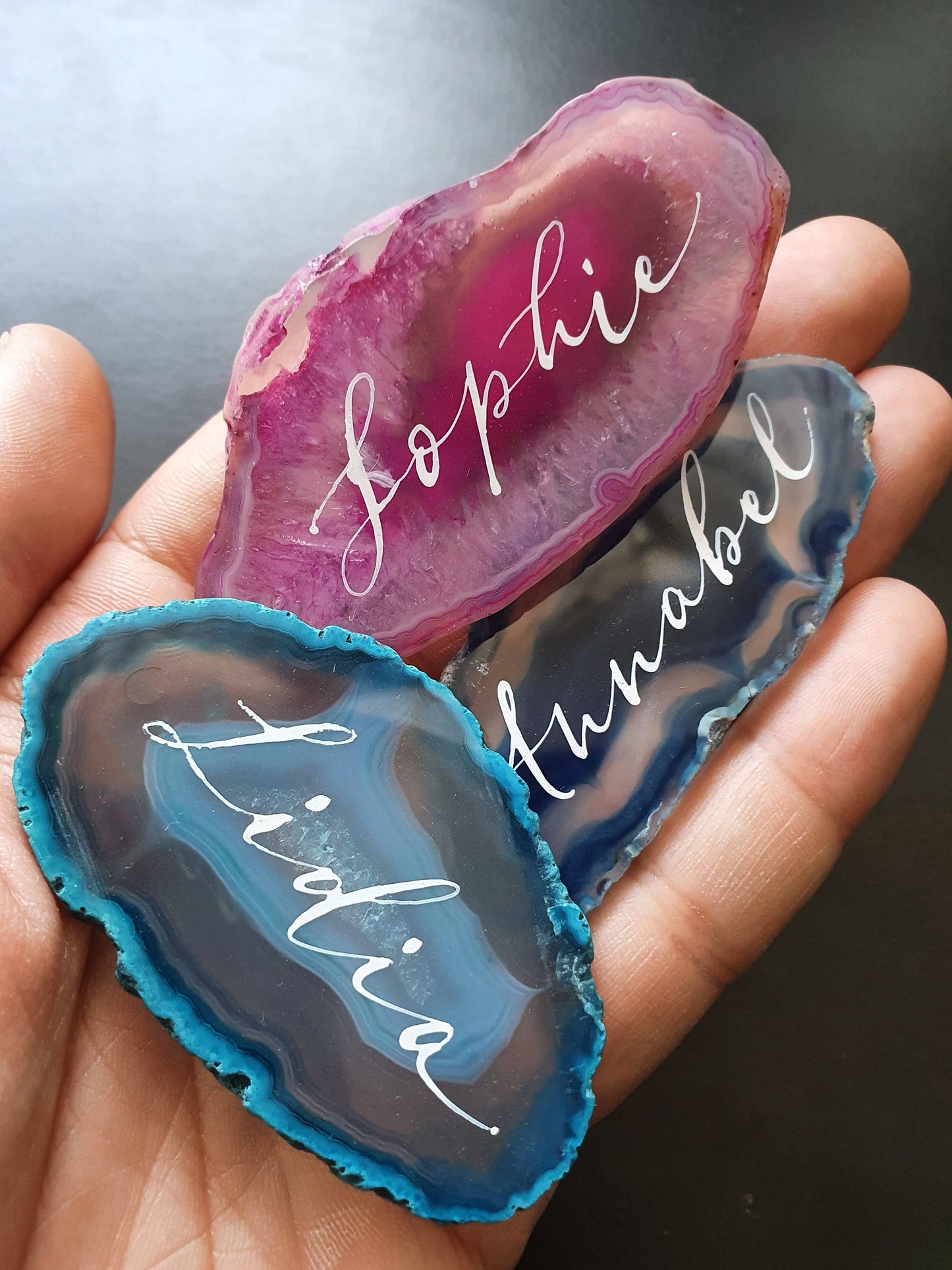 Blue Agate Slice | Hand-Lettered Calligraphy | Personalised Wedding Favors, Keepsakes, London Studio