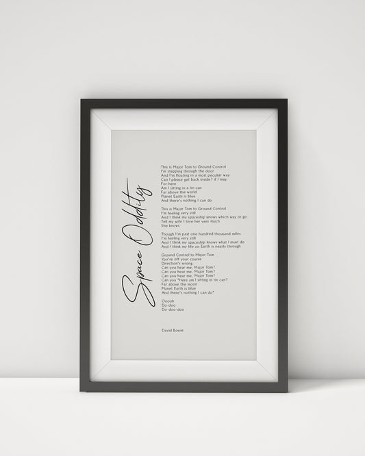 David Bowie Song Space Oddity Print Framed - David Bowie Lyrics Print - Space Oddity Song Poster Print Framed