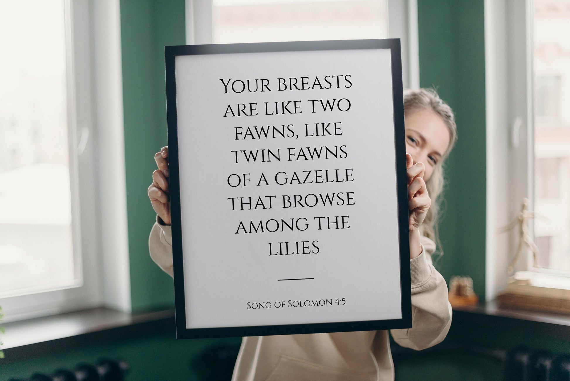 Song of Solomon 4:5 Your breasts are like two fawns Bible Verse Print, Bible Scripture Typography Verse - Framed Prayer - Prayer poster