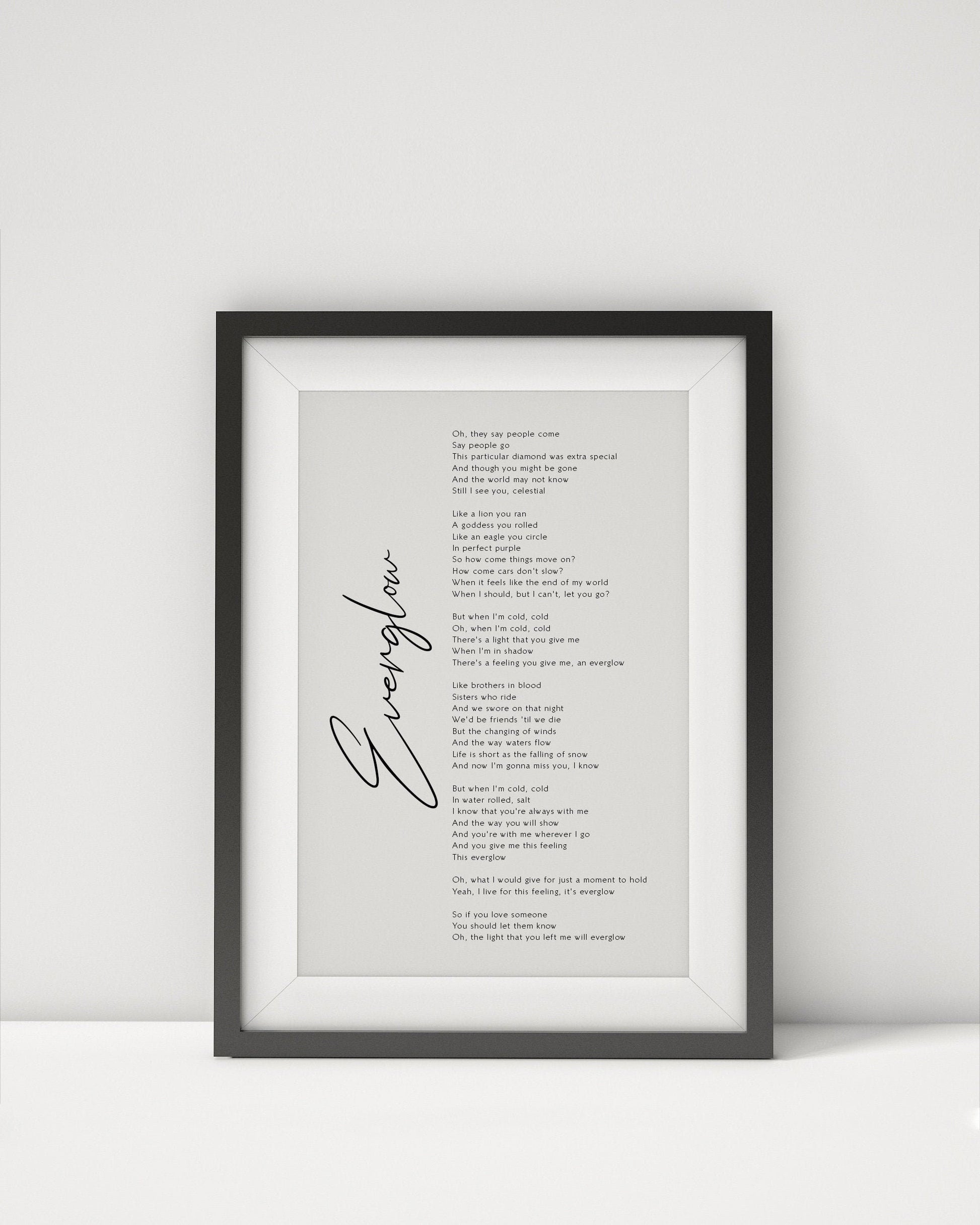 Everglow song lyrics print by Coldplay - Framed Everglow print poster - Coldplay song lyrics poster print Framed