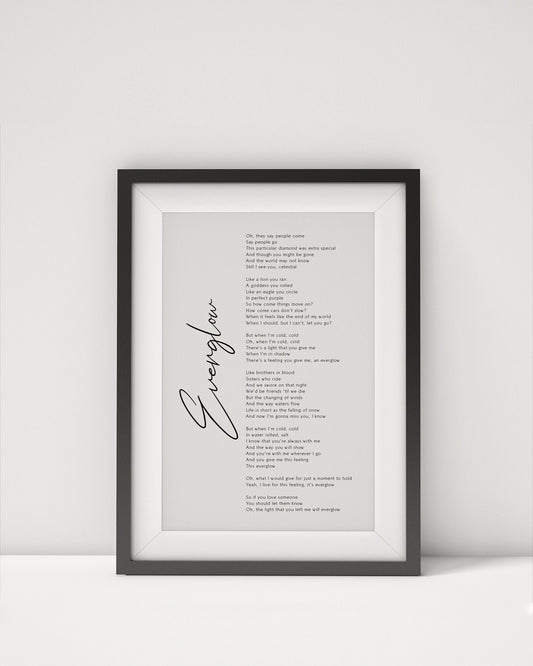 Everglow song lyrics print by Coldplay - Framed Everglow print poster - Coldplay song lyrics poster print Framed