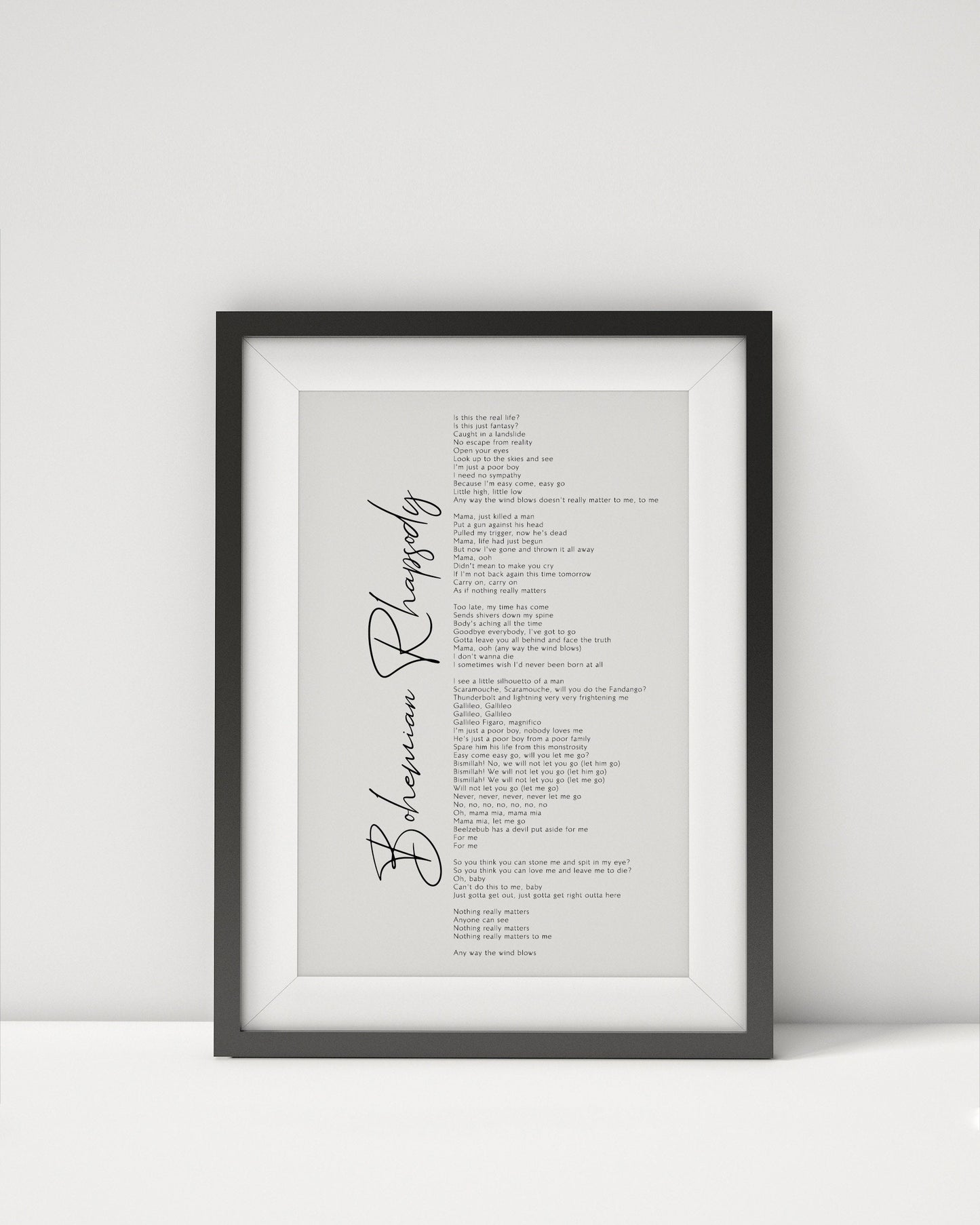 Bohemian Rhapsody Song Queen Print Framed - Queen Lyrics Print - Freddy Mercury Song Poster Print Frame - Bohemian Rhapsody Print