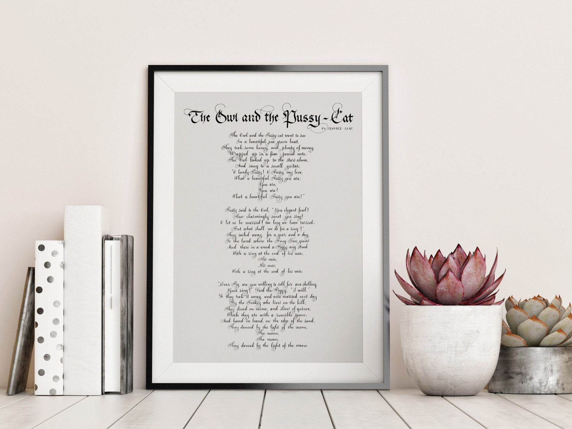 The Owl and the Pussycat print Framed Edward Lear poem framed poster - The Owl and the Pussycat Calligraphy Print