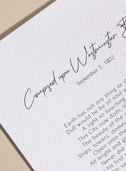 Composed Upon Westminster Bridge Poem by William Wordsworth Print Framed poem, William Wordsworth Poem, Framed Calligraphy & Typography