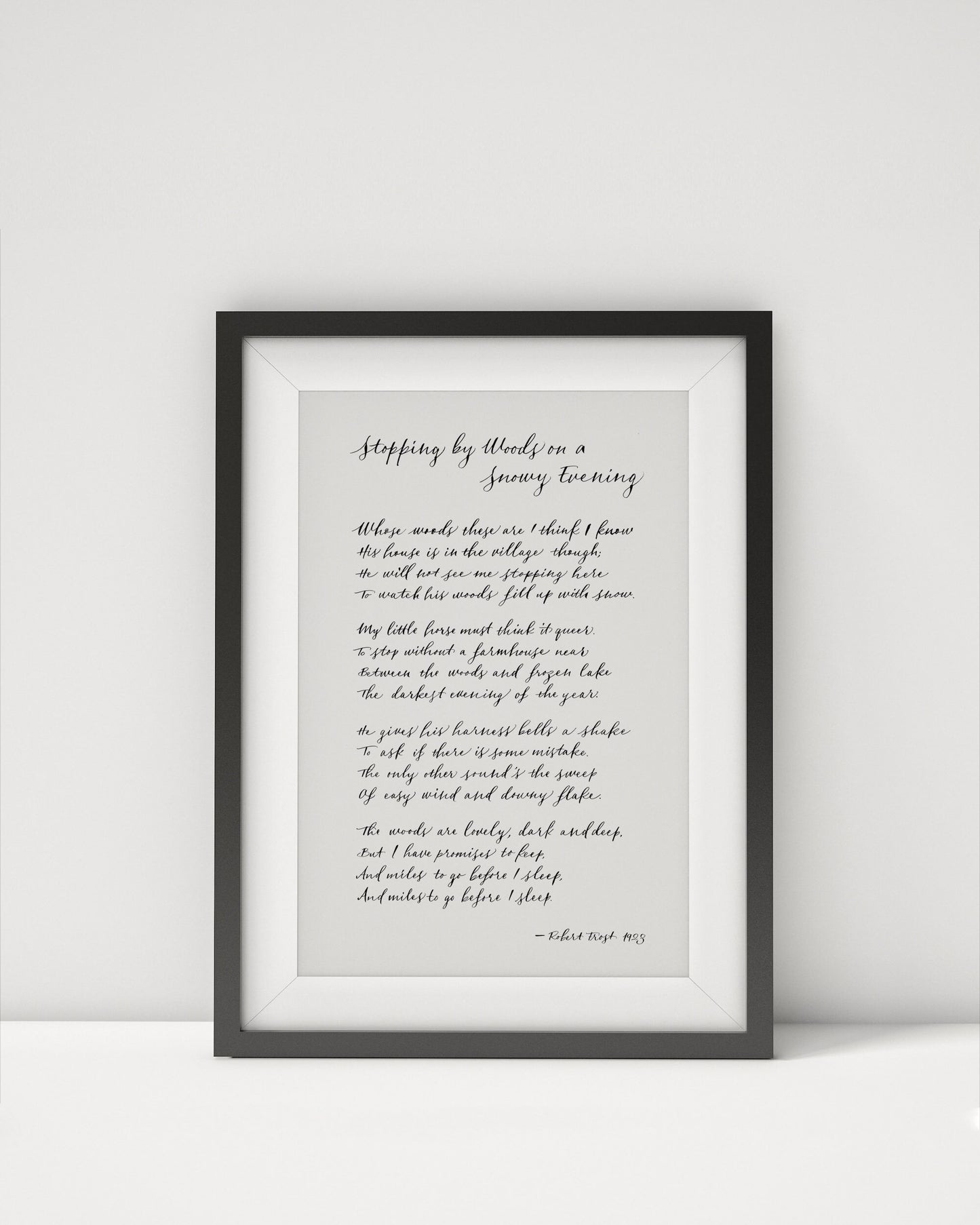 Stopping by woods on a snowy evening - Robert Frost - Framed - Poem Calligraphy Print - Black and White Home decor - Framed Poster