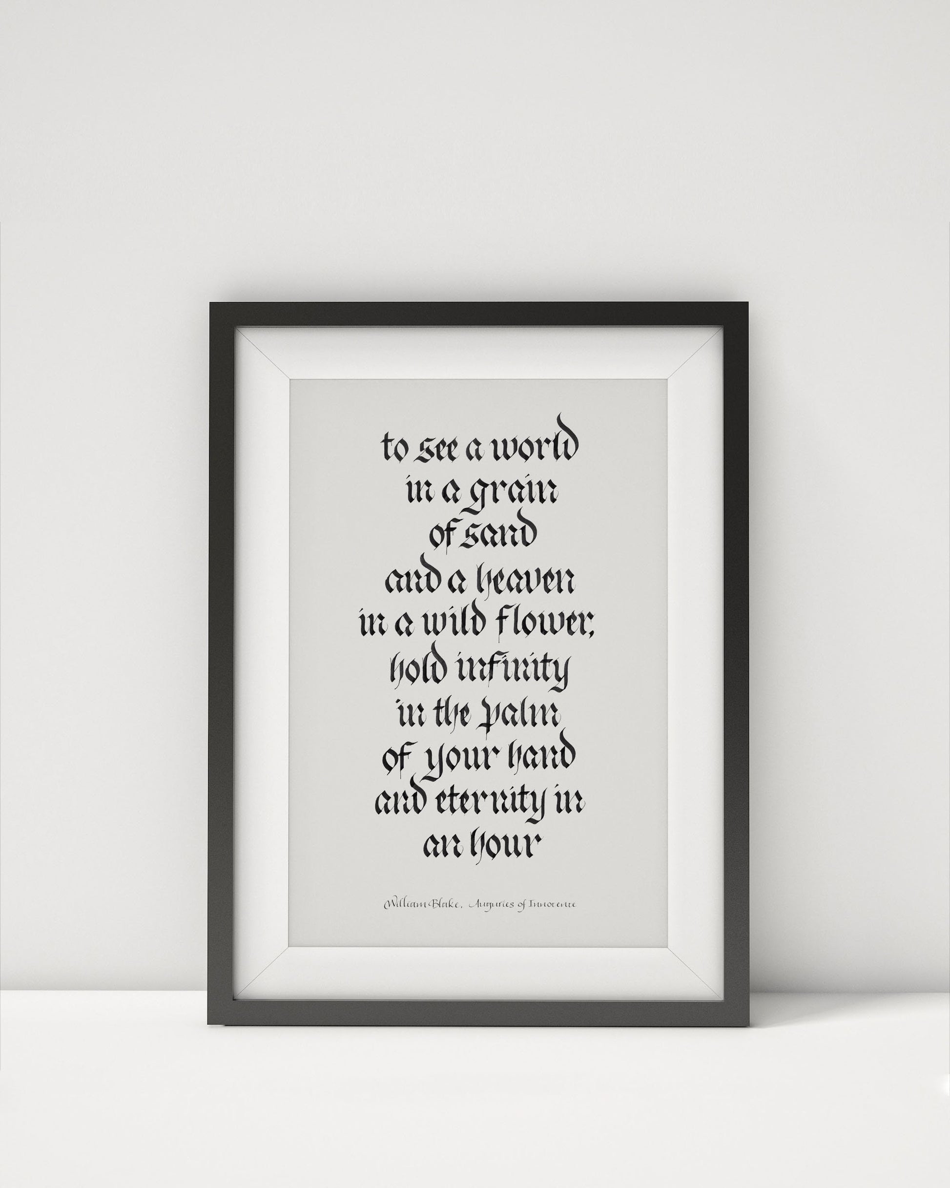 William Blake Framed quote print, Auguries of Innocence in Calligraphy - To see a world in a grain of sand - Book Quote Prints