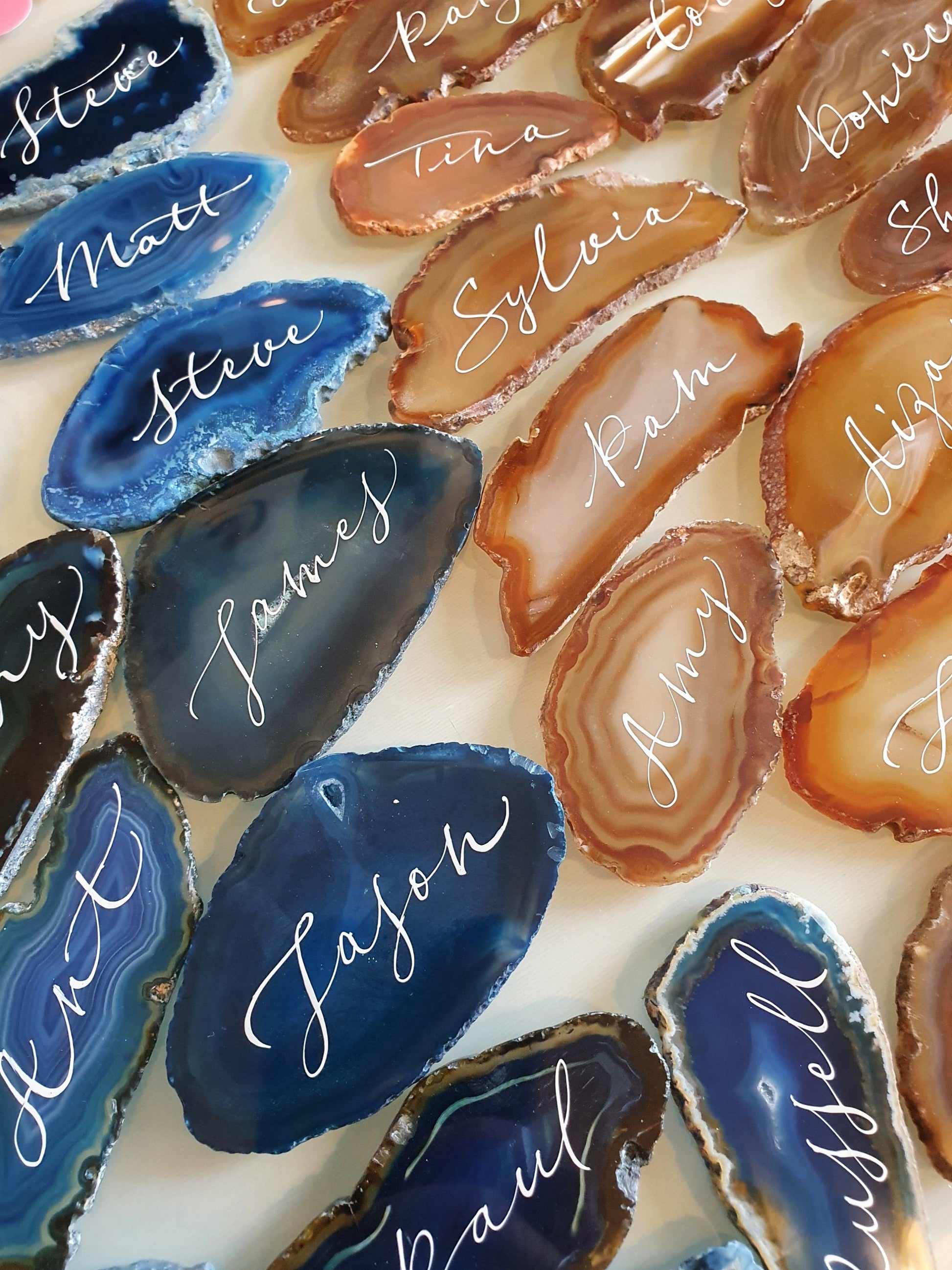 Blue Agate Slice | Hand-Lettered Calligraphy | Personalised Wedding Favors, Keepsakes, London Studio