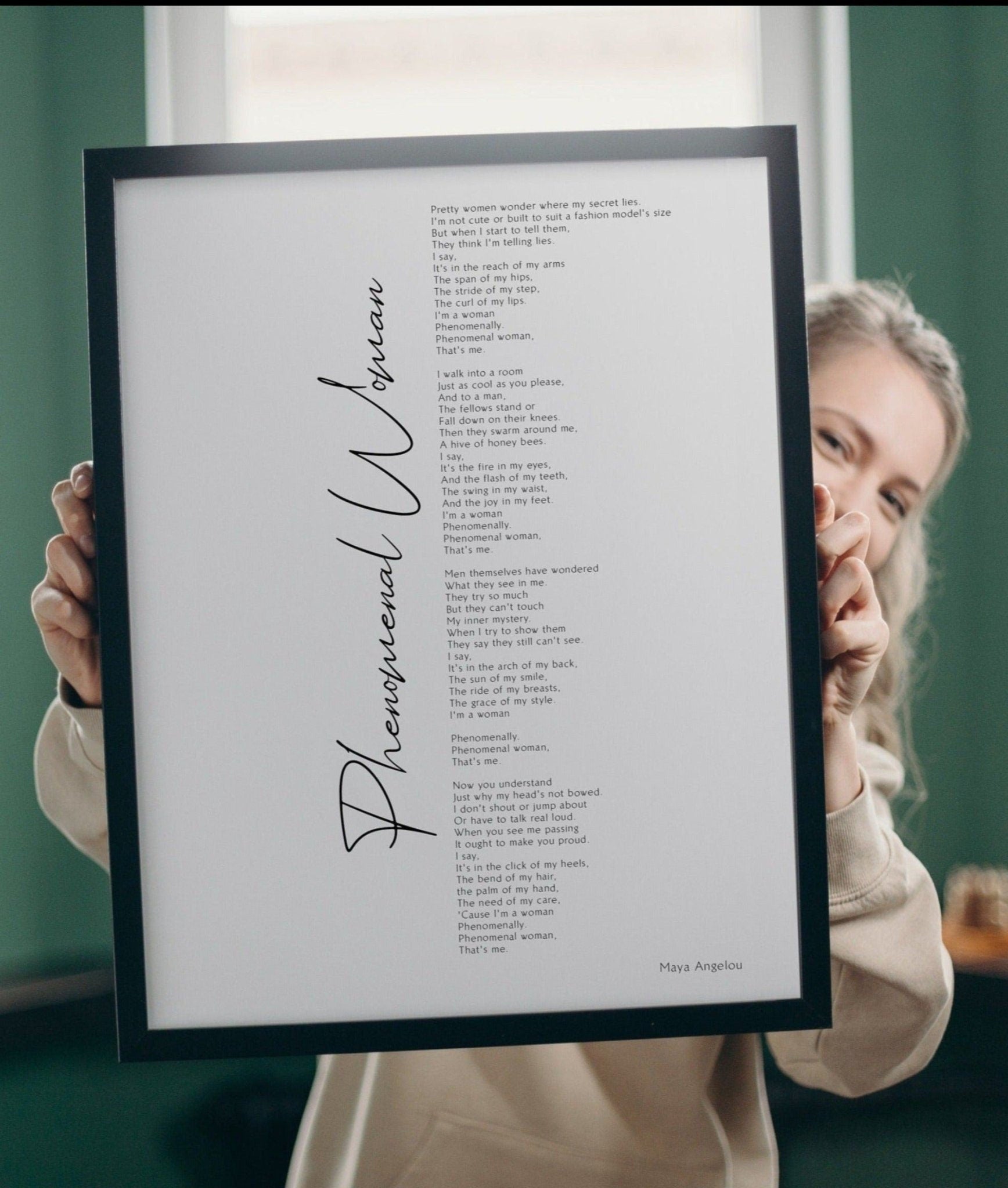 Phenomenal Woman Poster Framed by Maya Angelo - Calligraphy & Typography Print - Maya Angelou Print - Wall Art