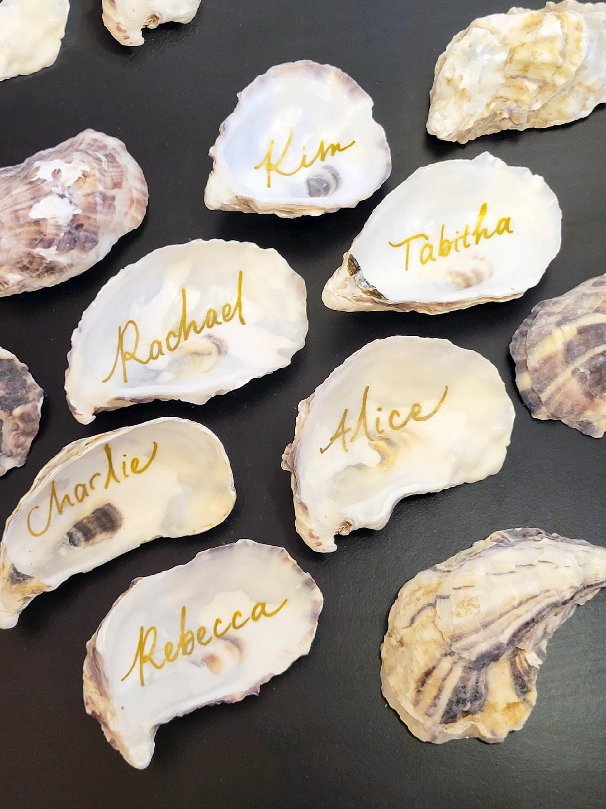 Personalised Oyster Shells name cards - Wedding place names - Shell Place cards - Oyster place settings - Agate Placemats alternative escort