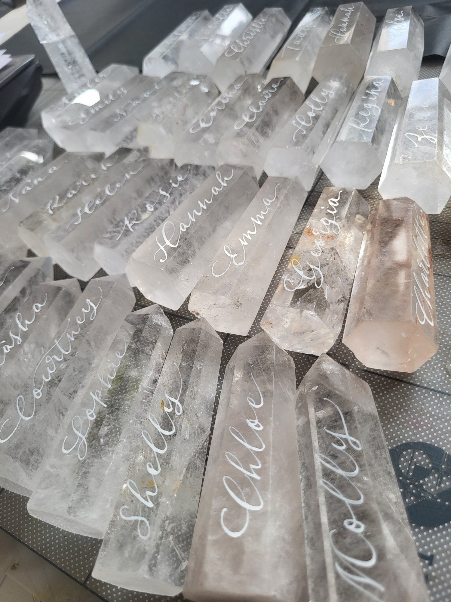 Personalised Clear Quartz Crystal point, Wedding place names, free standing point Place cards - place settings - Agate Placemats alternative