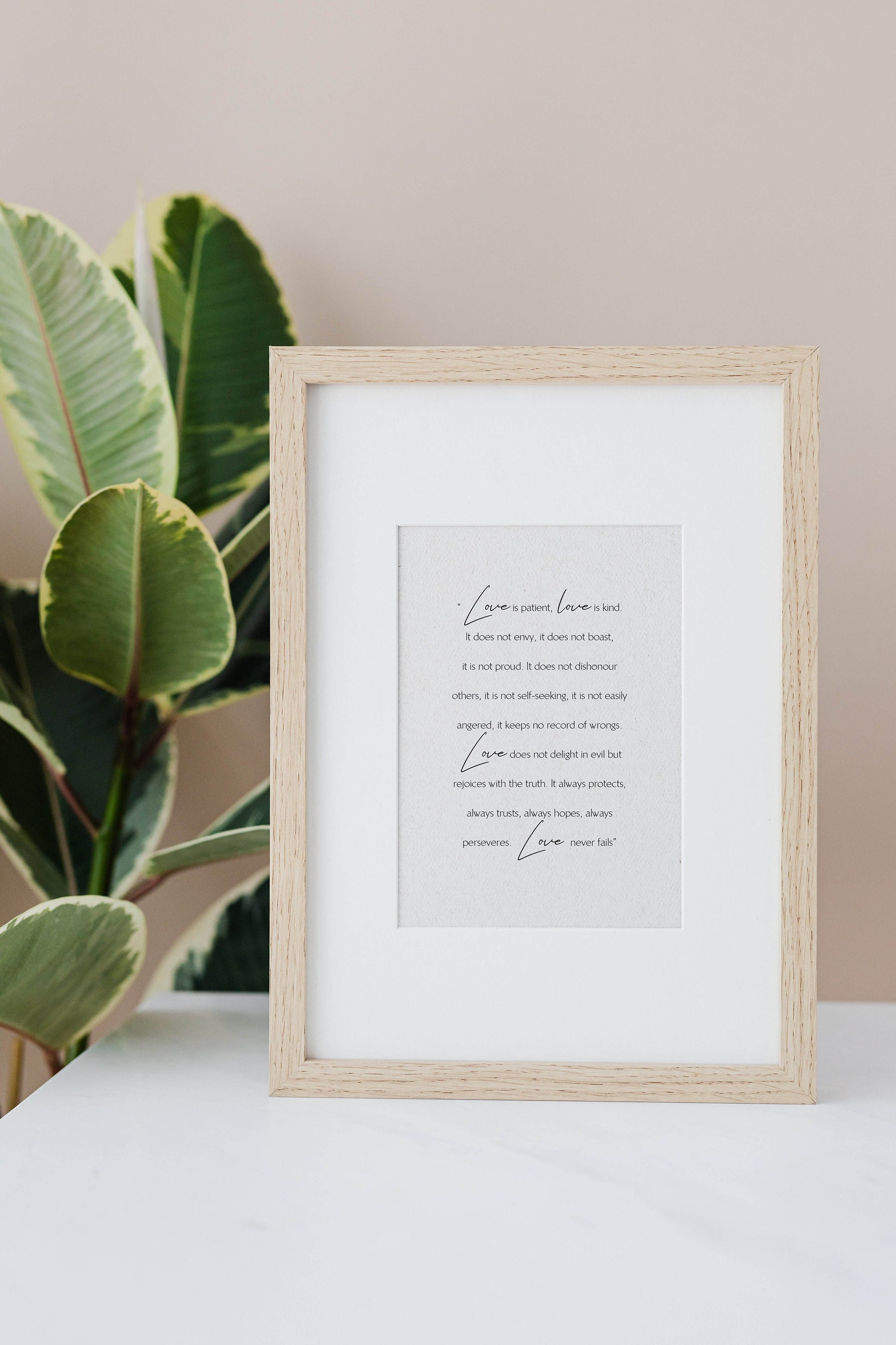Love is patient Framed Print - Gift for couple, wedding present, Love quote from 1 Corinthians, Love poster