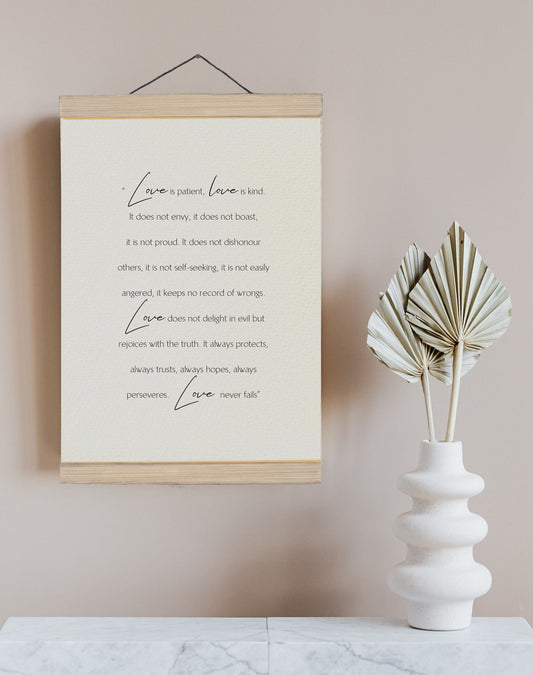 Love is patient Framed Print - Gift for couple, wedding present, Love quote from 1 Corinthians, Love poster