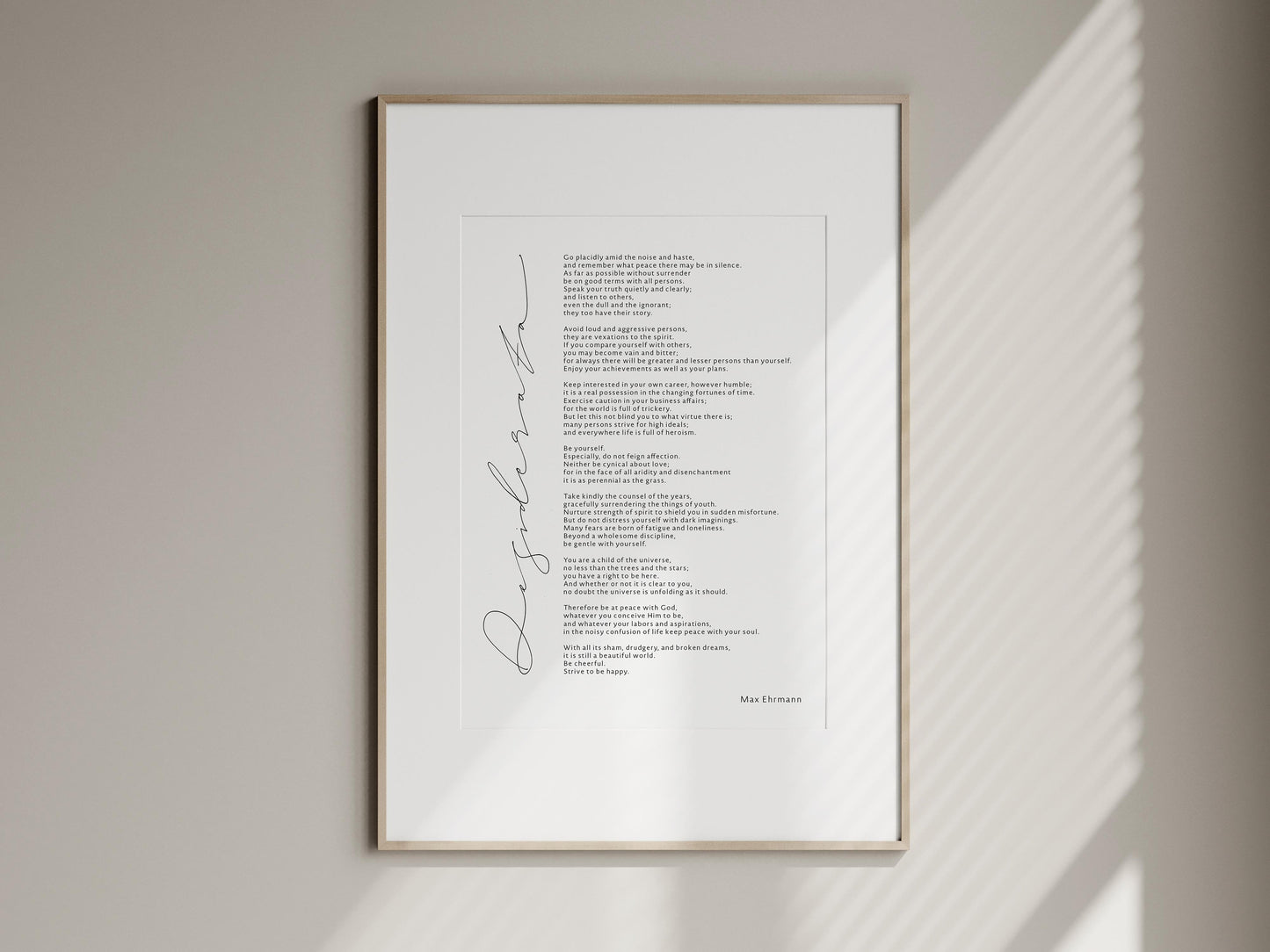 Desiderata Poem Print,Max Ehrmann Wooden framed oak hanger, Art print, Modern Wall art, Minimalist Office Decor, Inspirational Gift