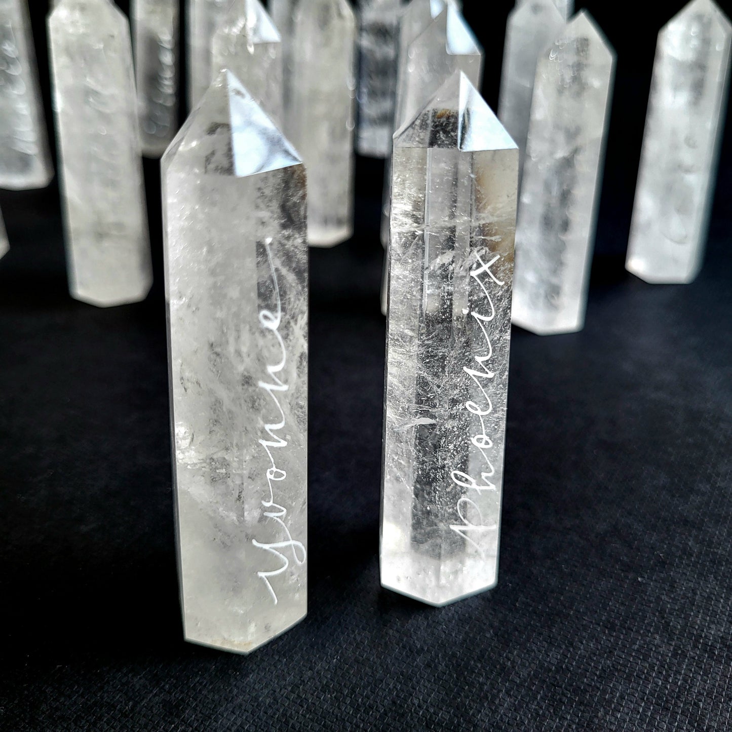 Personalised Clear Quartz Crystal point, Wedding place names, free standing point Place cards - place settings - Agate Placemats alternative