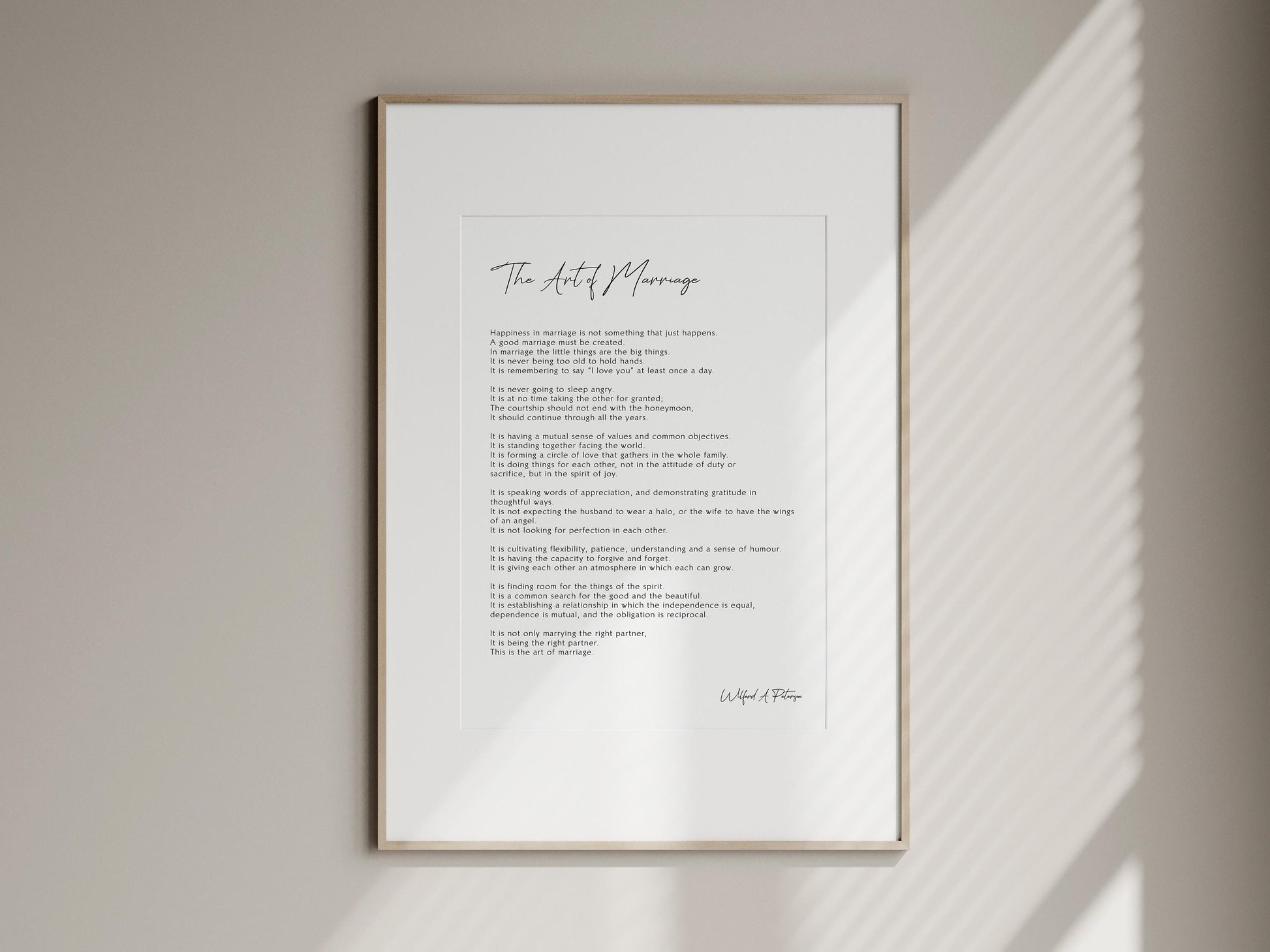 The Art of Marriage Print, Anniversary Gift, Wedding Gift, Marriage Gift Poem, Framed Calligraphy & Typography by Wilferd A. Peterson