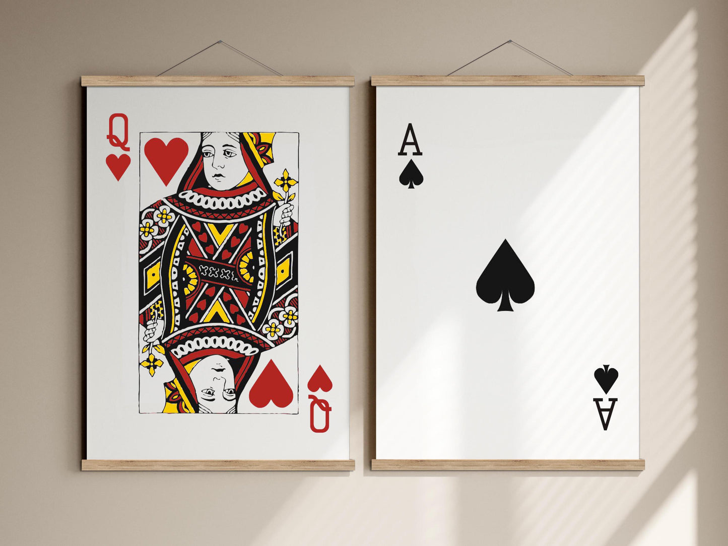 queen of hearts print and ace of spades poster framed pair