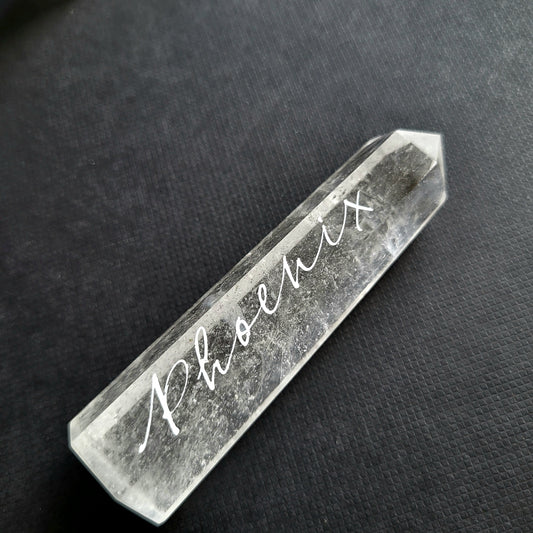 crystal point wand personalised with calligraphy name placement wedding keepsake