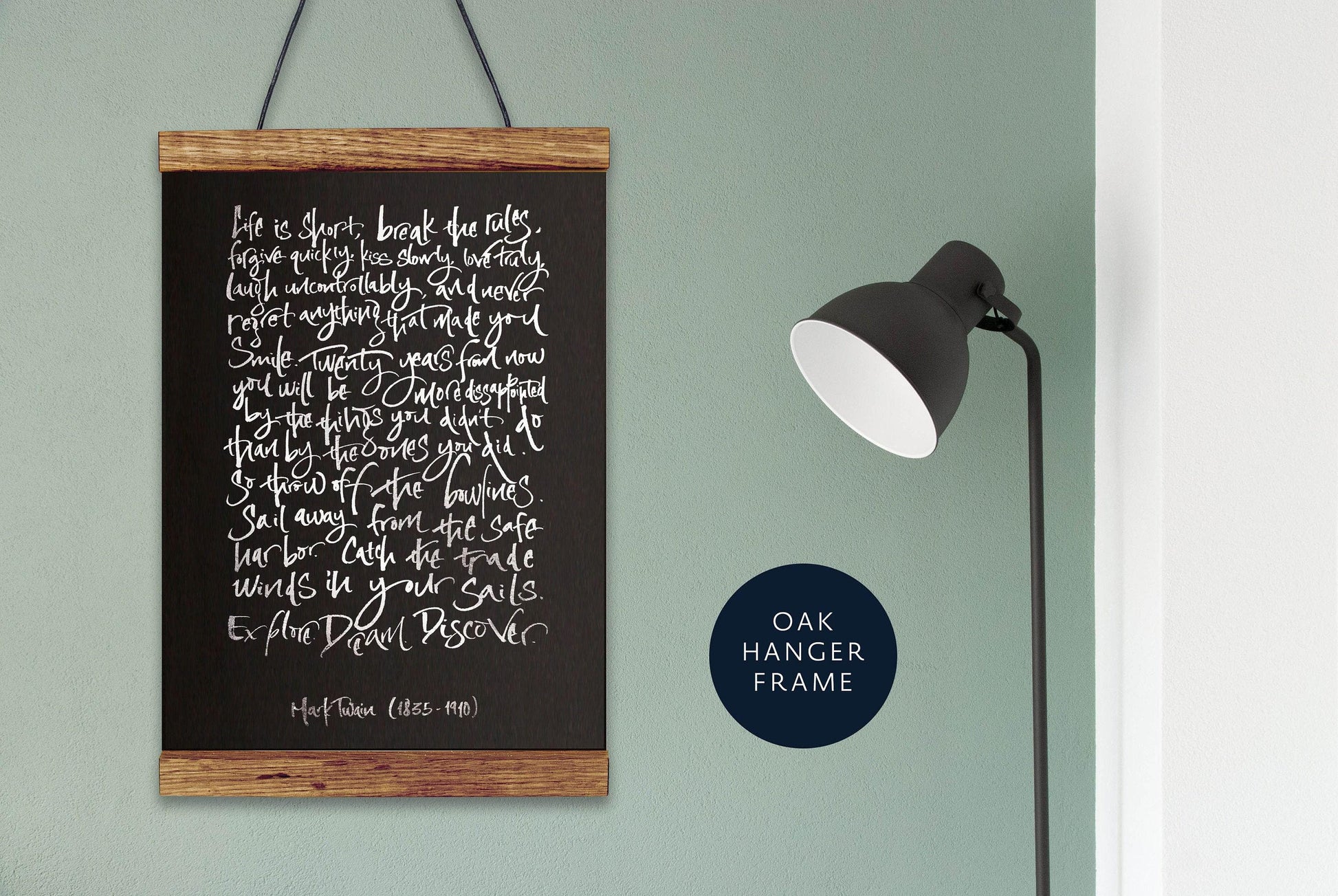 Mark Twain Print, Life Is Short Quote - Silver Foil Calligraphy Artwork | Inspirational Mens Office Gift, Framed