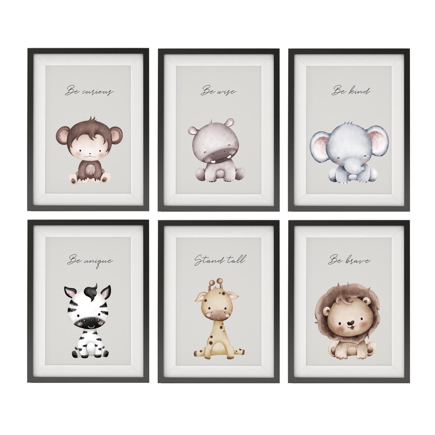 Safari Nursery Decor, Baby Animal Prints With Affirmations | Be Brave Be Kind | Gifting for New Parents