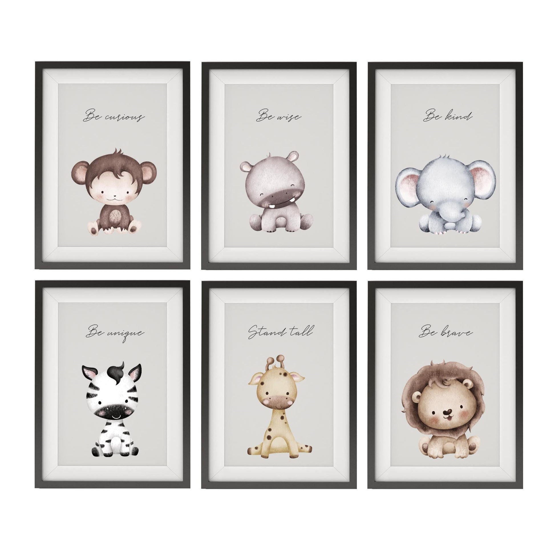Safari Nursery Decor, Baby Animal Prints With Affirmations | Be Brave Be Kind | Gifting for New Parents