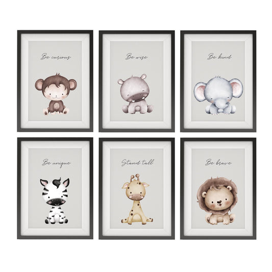 Safari Nursery Decor, Baby Animal Prints With Affirmations | Be Brave Be Kind | Gifting for New Parents