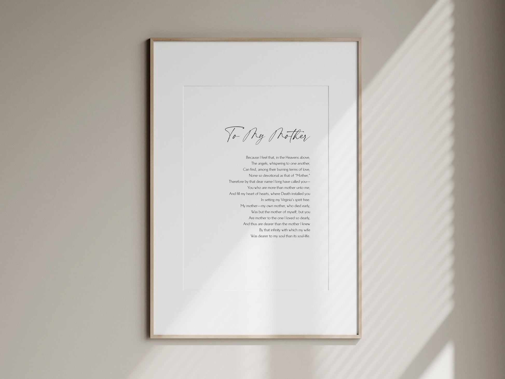 To My Mother framed print by Edgar Allan Poe, Framed gift for Mum, Mother&#39;s day gift, Poem Gift for Mom