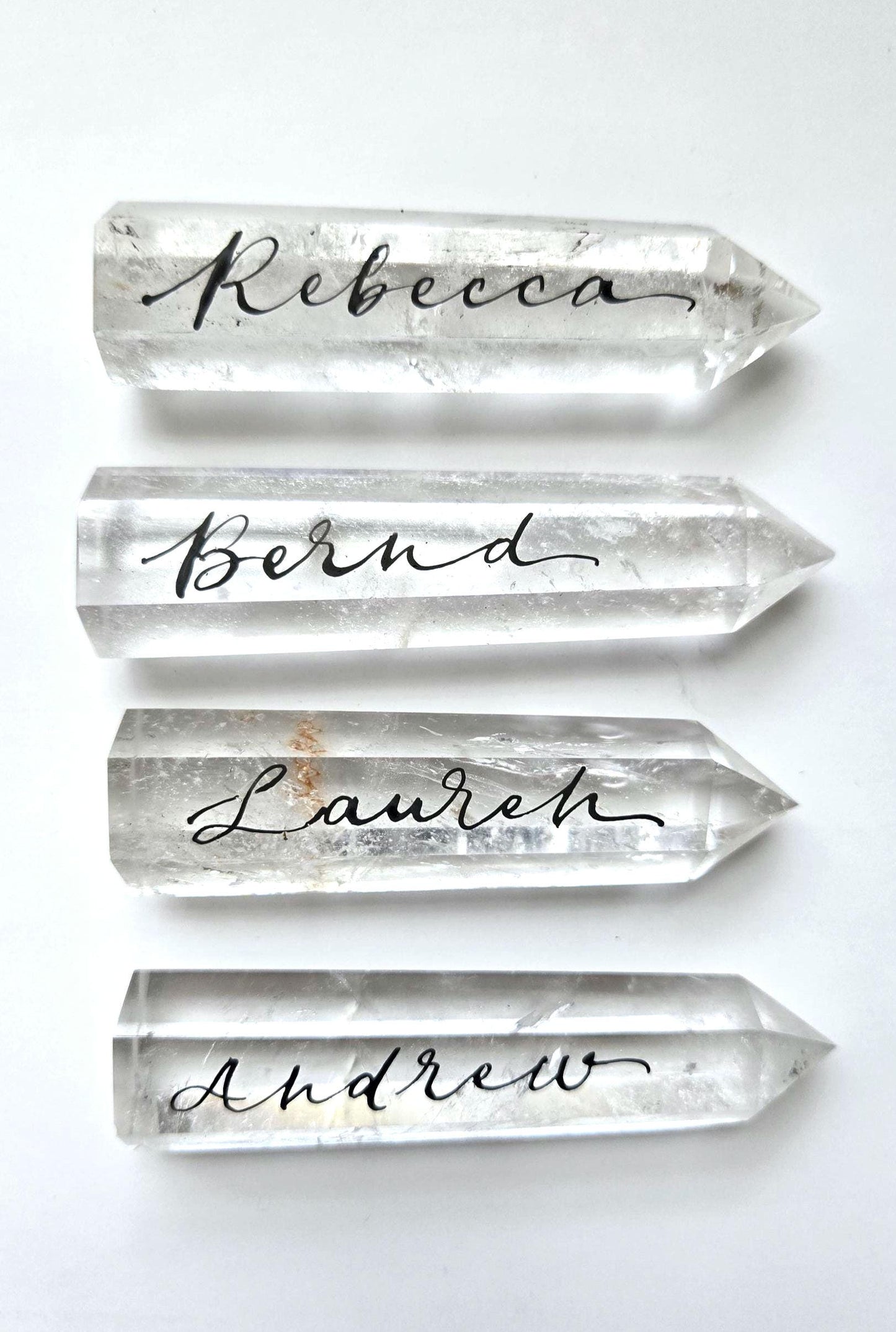 crystal point wand personalised with calligraphy name placement wedding keepsake wedding placement