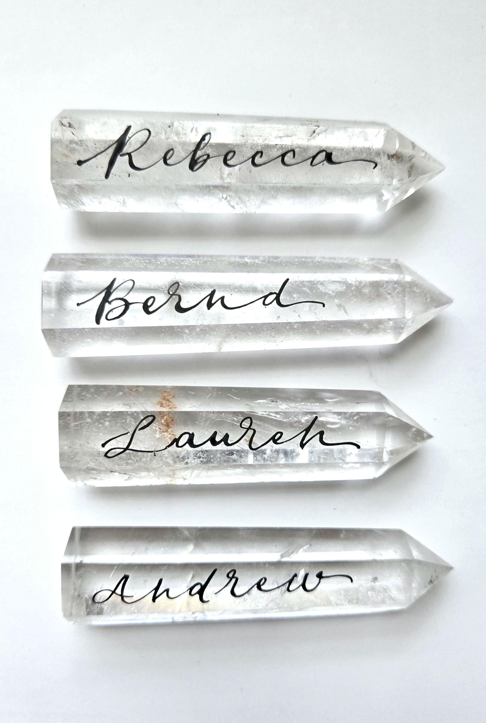 crystal point wand personalised with calligraphy name placement wedding keepsake wedding placement