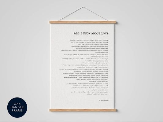 The image is a framed text titled &quot;ALL I KNOW ABOUT LOVE&quot; by By the Gaines, with a blue and white color scheme.