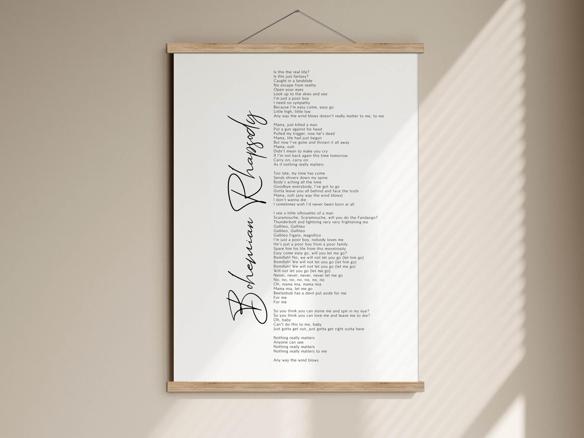 a poster with a poem titled "B Bohemian Rhapsody" hanging on a wall.