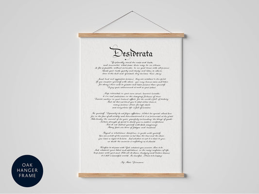 a framed text that reads &quot;Desiderata&quot; in a black and white style.