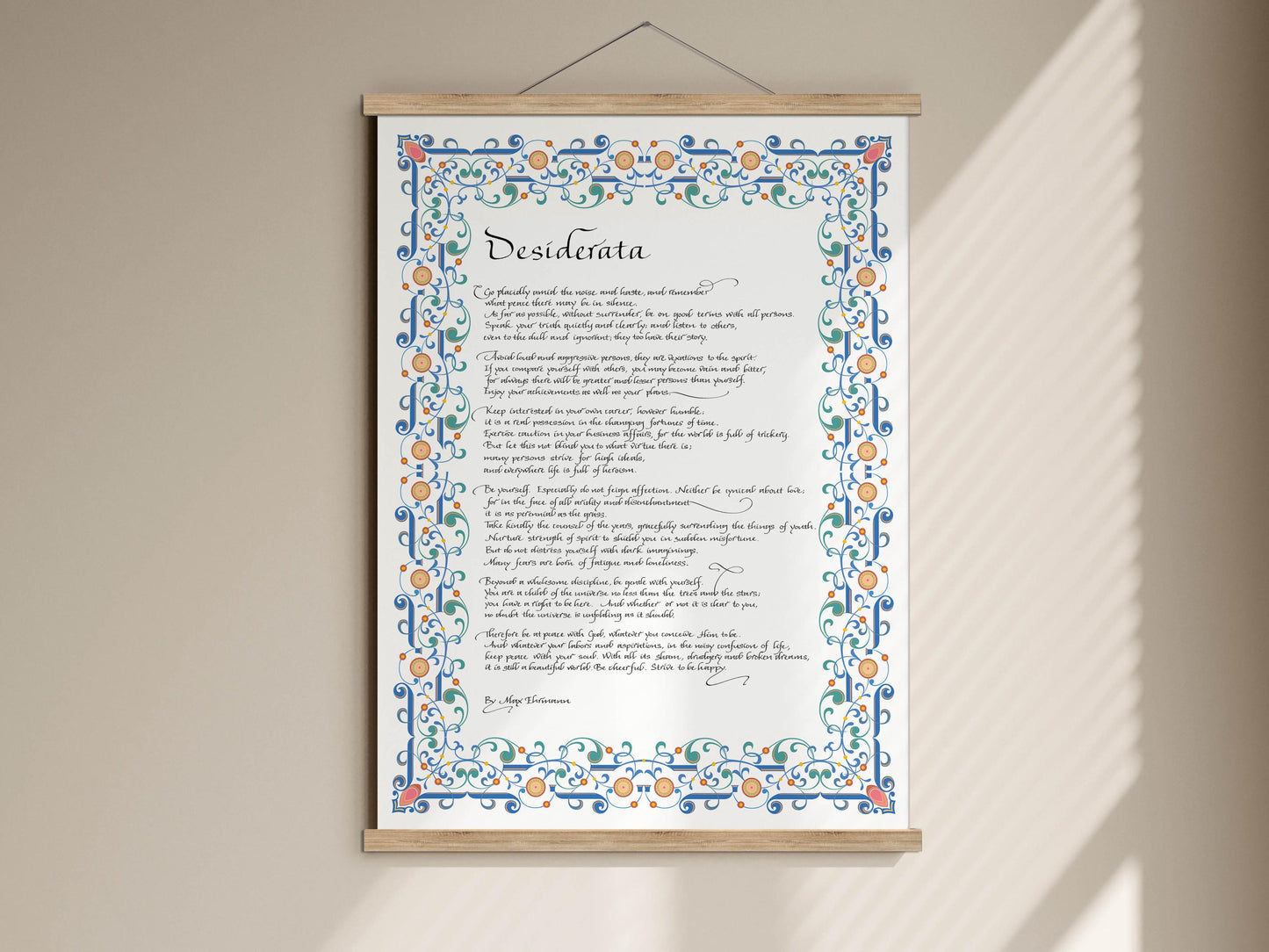 The image is a framed print of a poem titled &quot;Desiderata&quot; with an ornate border and decorative elements.