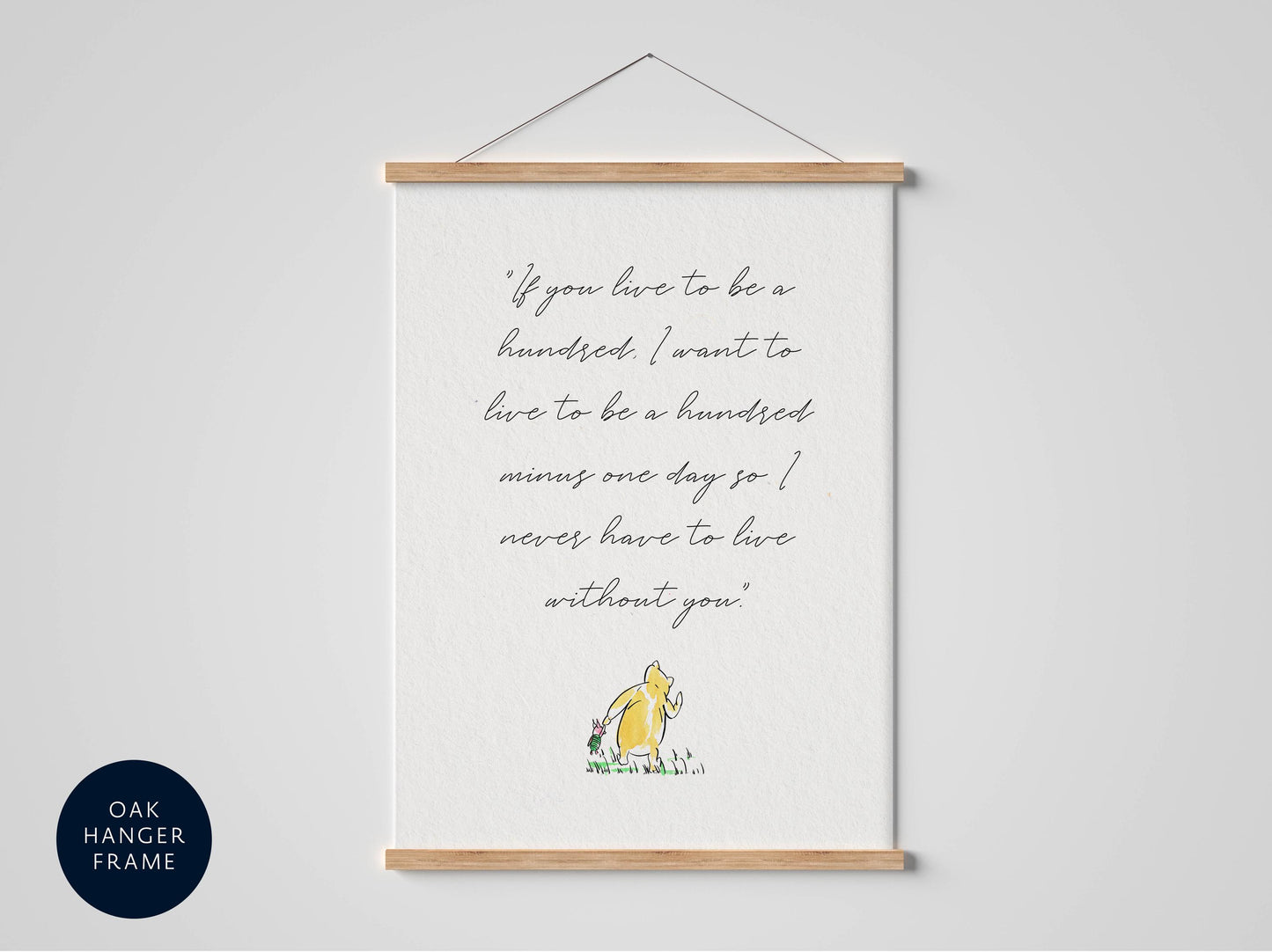 a quote from the classic children&#39;s book &quot;If You Live to Be a Hundred I Want to Live to Be a Hundred&quot; by A. A. Milne, which is displayed on a white poster frame hanging on a wall.
