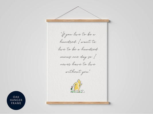 a quote from the classic children&#39;s book &quot;If You Live to Be a Hundred I Want to Live to Be a Hundred&quot; by A. A. Milne, which is displayed on a white poster frame hanging on a wall.