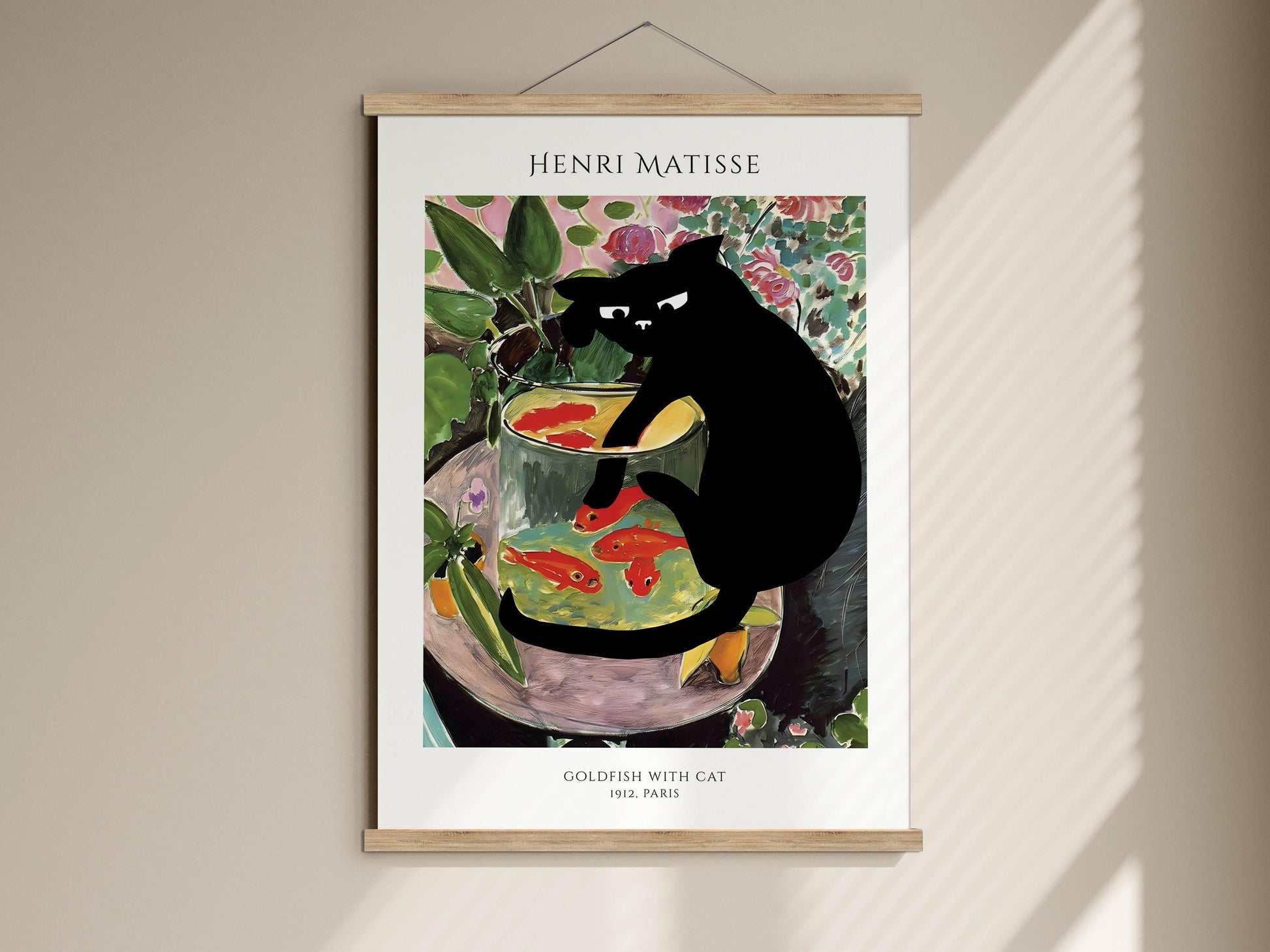 A framed painting of a black cat sitting in a glass bowl filled with goldfish, surrounded by colorful flowers and plants.