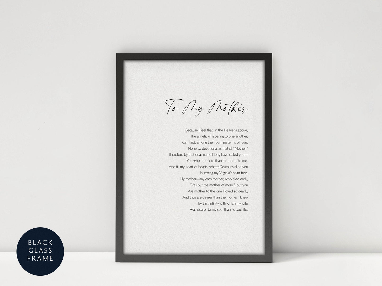 a framed black and white print of a poem titled &quot;To My Mother&quot; against a white background.