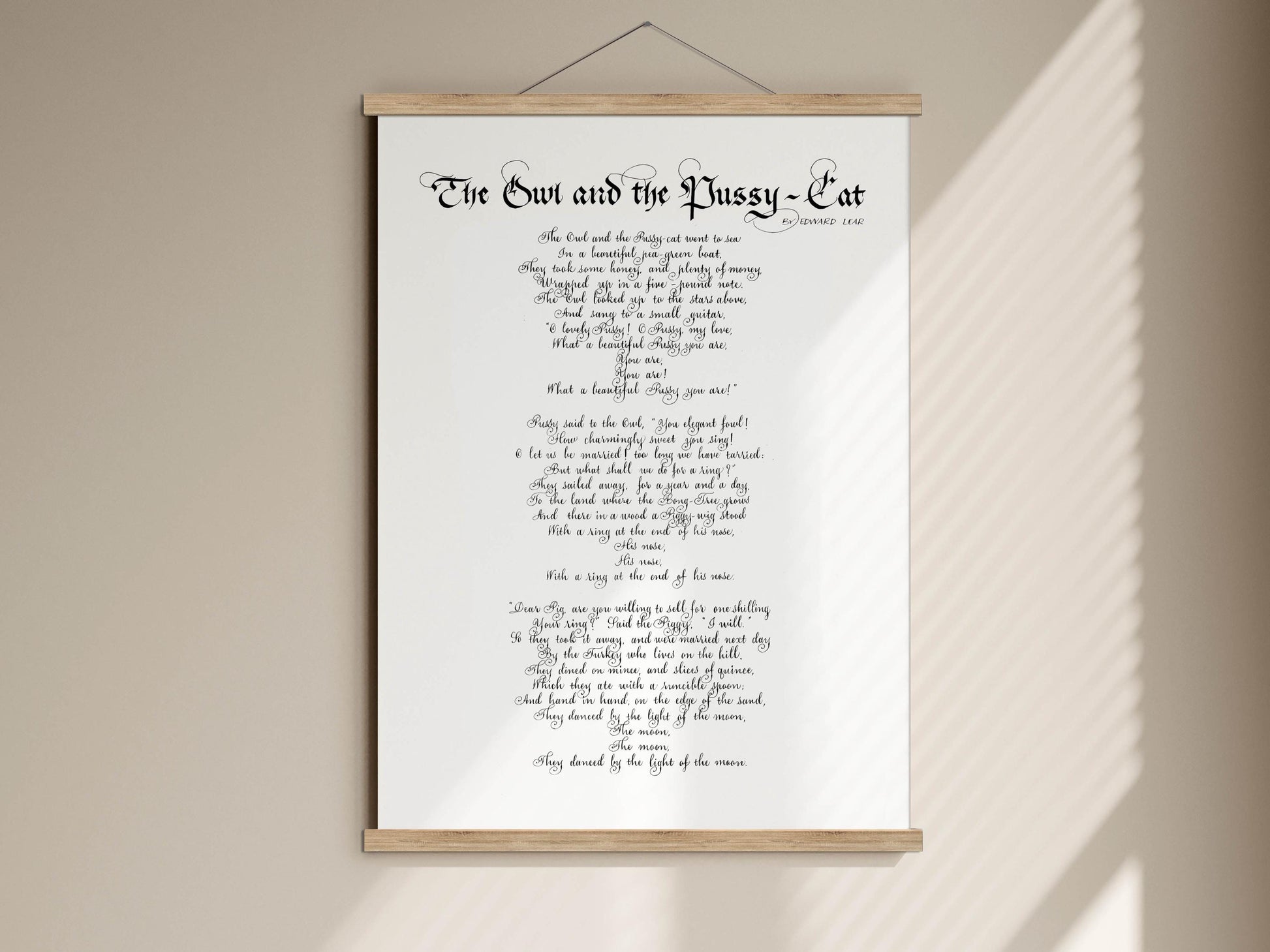 The image is a framed print of a poem titled &quot;The Owl and the Pussy-Cat&quot; by Robert Louis Stevenson.