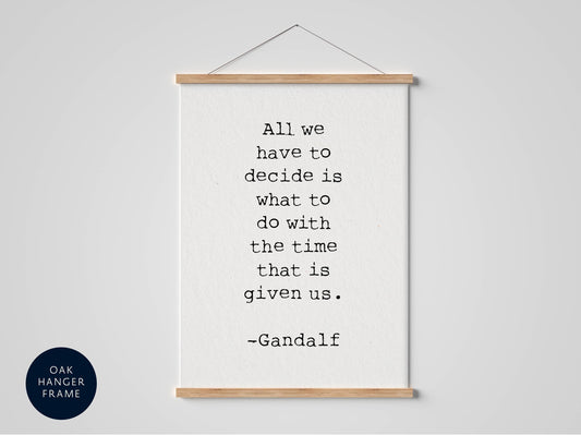 a quote by J.R.R. Tolkien, &quot;All we have to decide is what to do with the time that is given us,&quot; displayed on a white poster.