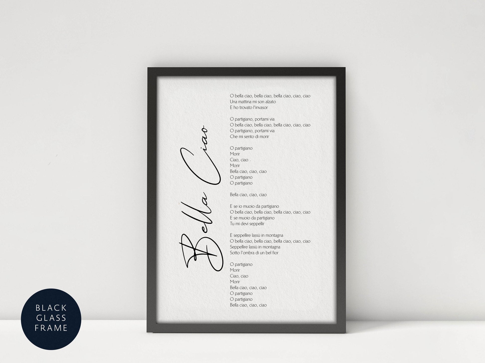 a framed text that reads &quot;Bella Ciao&quot; in a black and white color scheme.