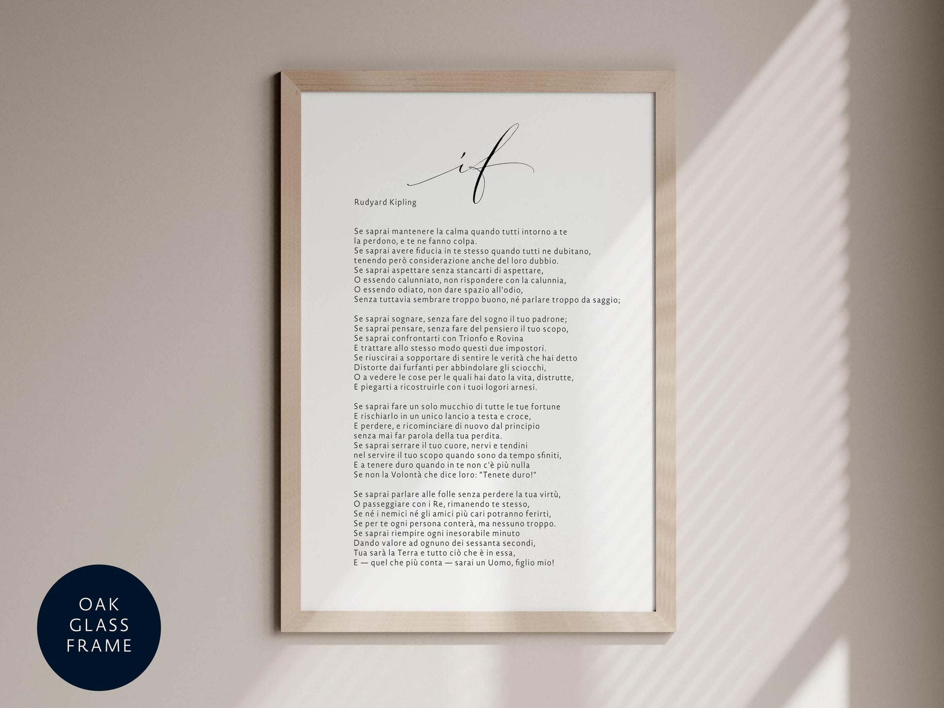 a framed piece of text with a black background and a white border, hanging on a wall.