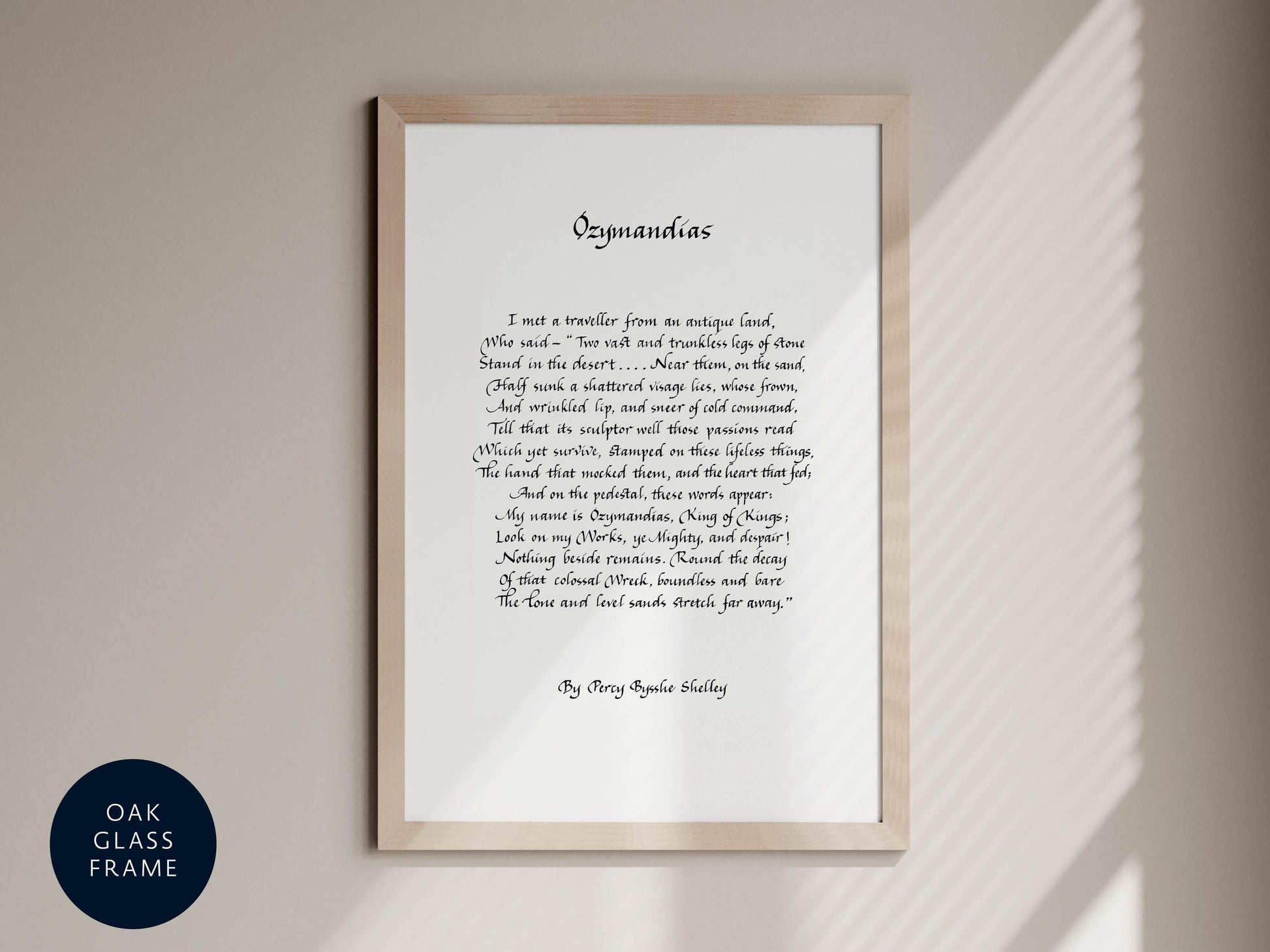 a framed poem titled &quot;Ozymandias&quot; by Percy Shelley, with a black and white color scheme.