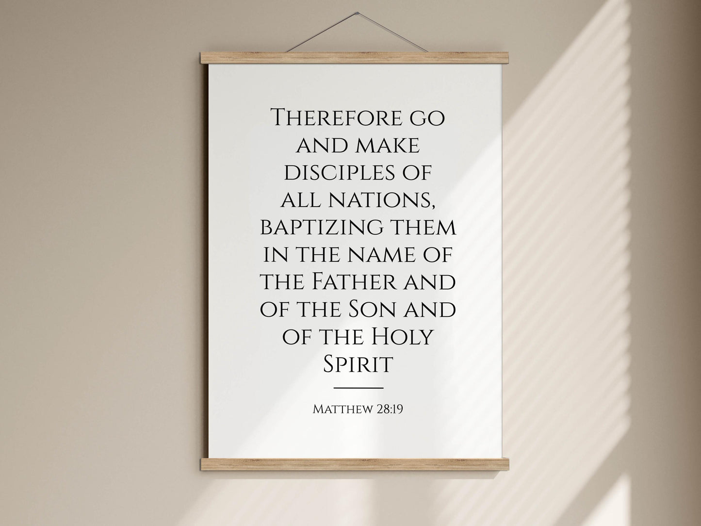 a poster with a quote from the Bible, specifically Matthew 28:19, which encourages people to go and make disciples of all nations, baptizing them in the name of the father and son and of the holy spirit.